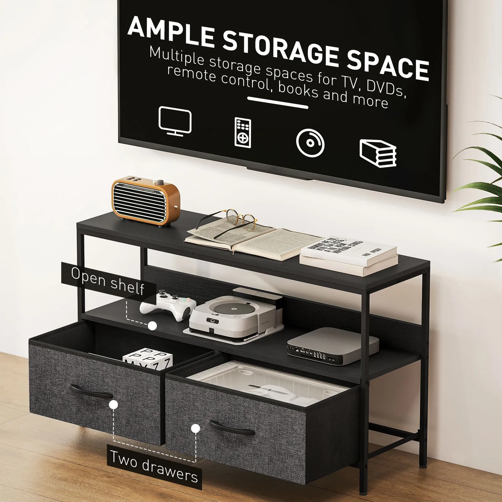 HOMCOM TV Cabinet, TV Console Unit with 2 Foldable Linen Drawers Black 6