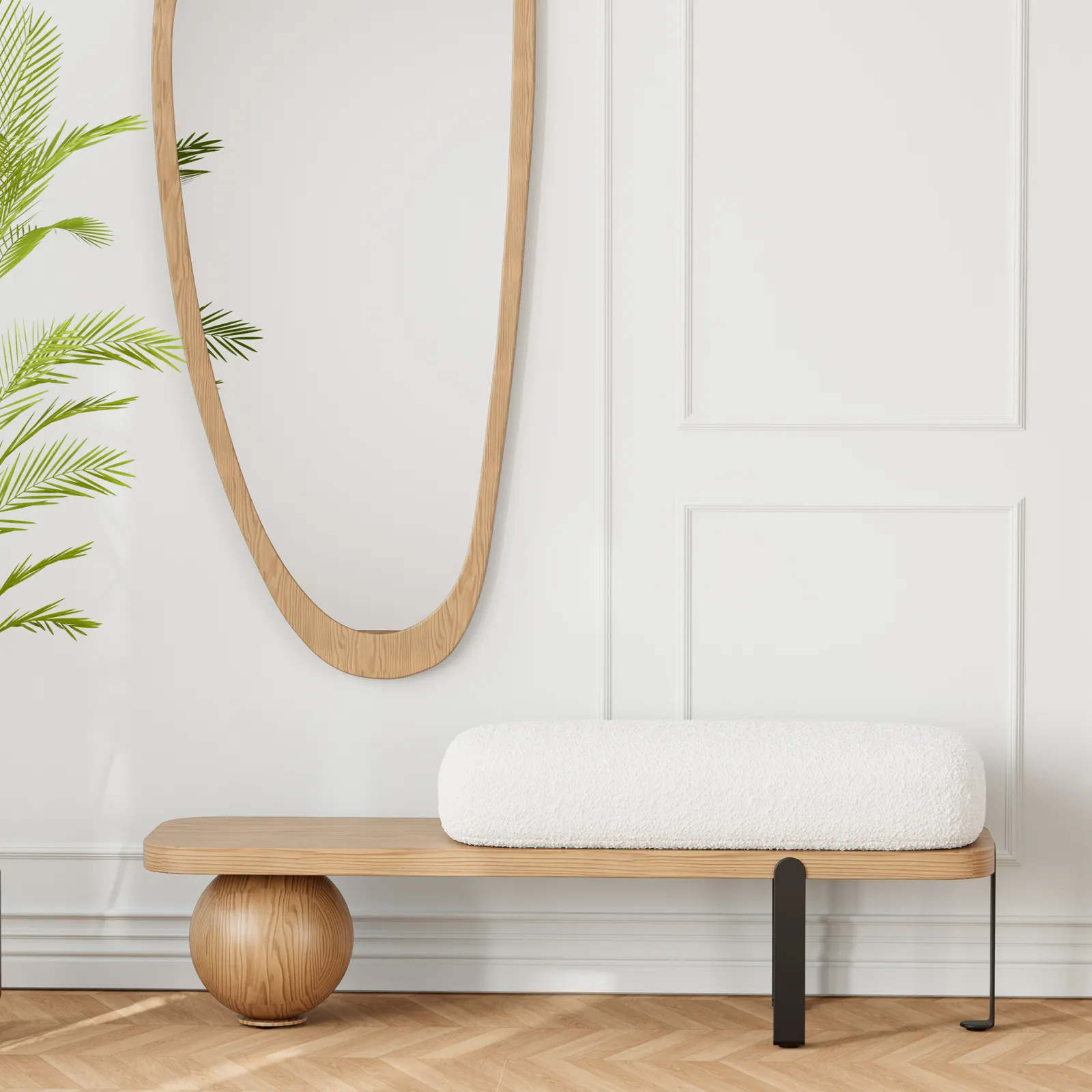 Ball design Entryway Bench Wooden Furniture  with Abstract Metal Legsin White & Gold (120 cm Wide)