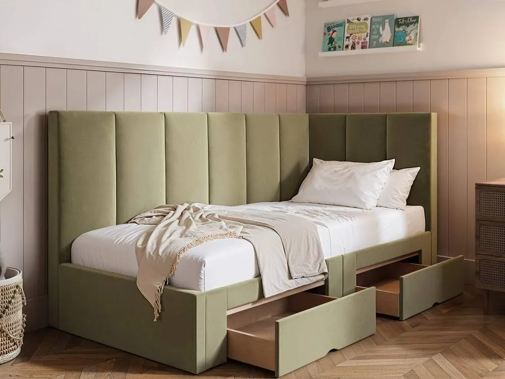 Flair Harley Corner Fabric Bed Frame with Storage Drawers in Green 2