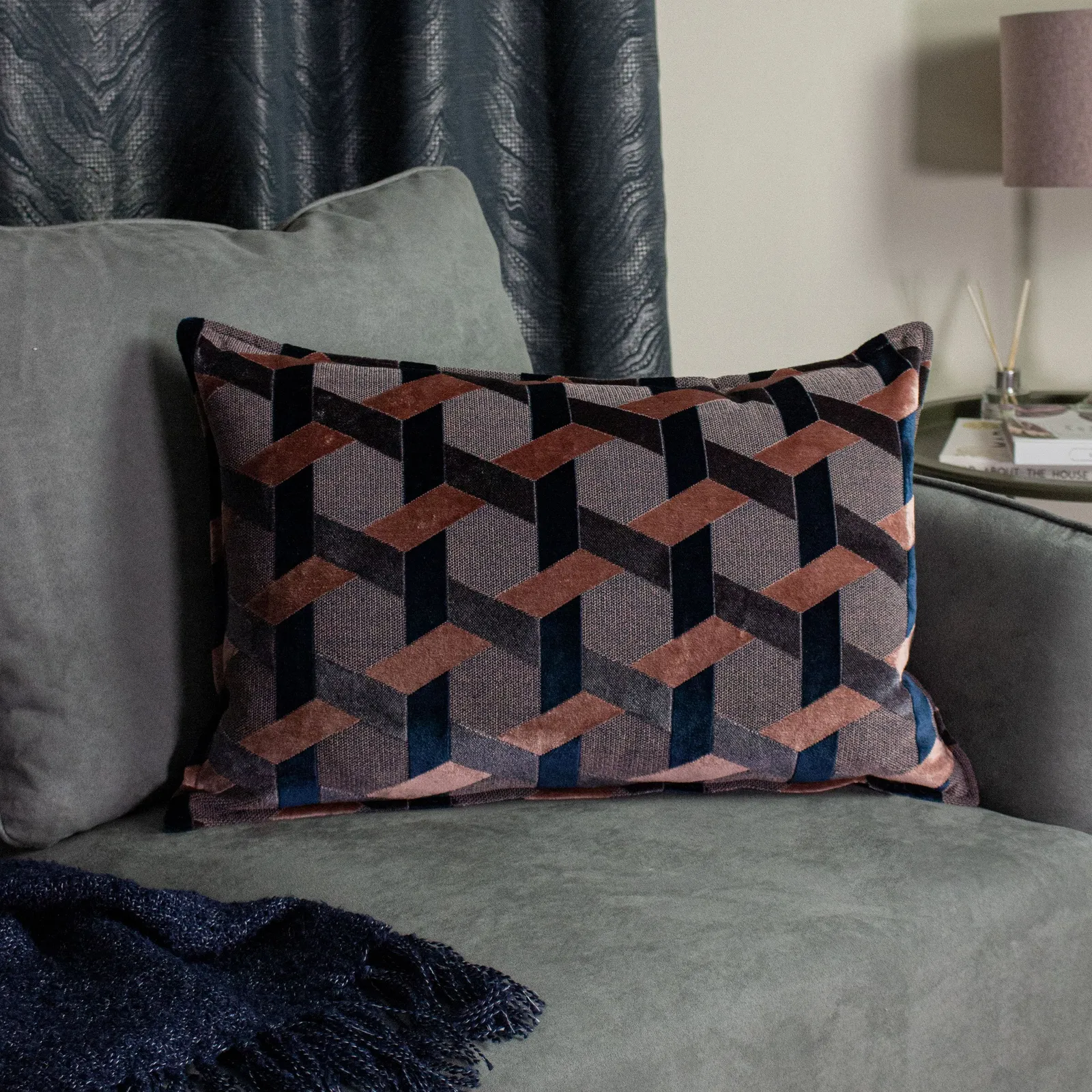 Paoletti Delano Geometric Velvet Cushion in Pink
