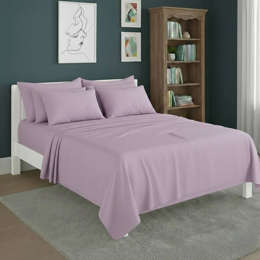 Snug City Plain Poly Cotton Easy Care Fitted Flat Sheet Matching Pillowcases Set in Lilac
