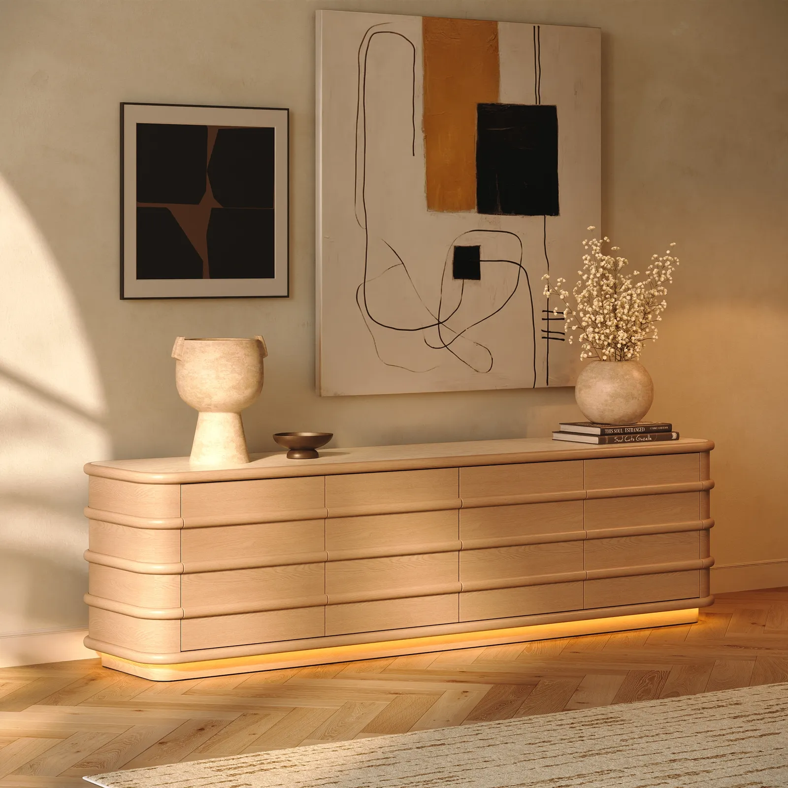 80-inch Ash Wood TV Stand with Sintered Stone Top