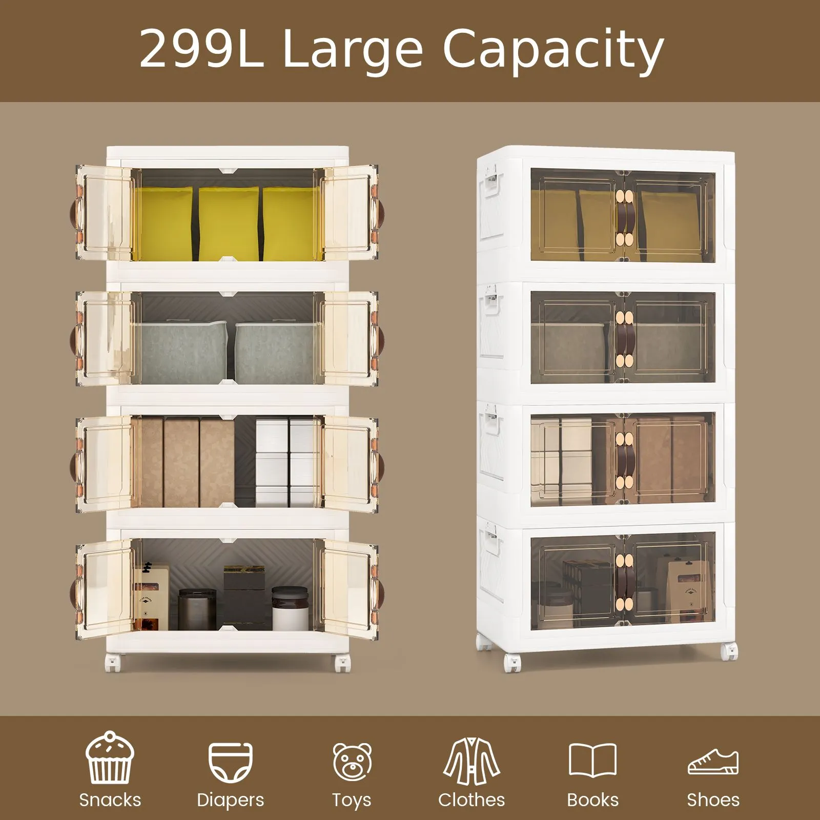 Costway 4 Pack Stackable Storage Cabinet Folding Home Organizer Lockable Wheels 78 Gal in White 4