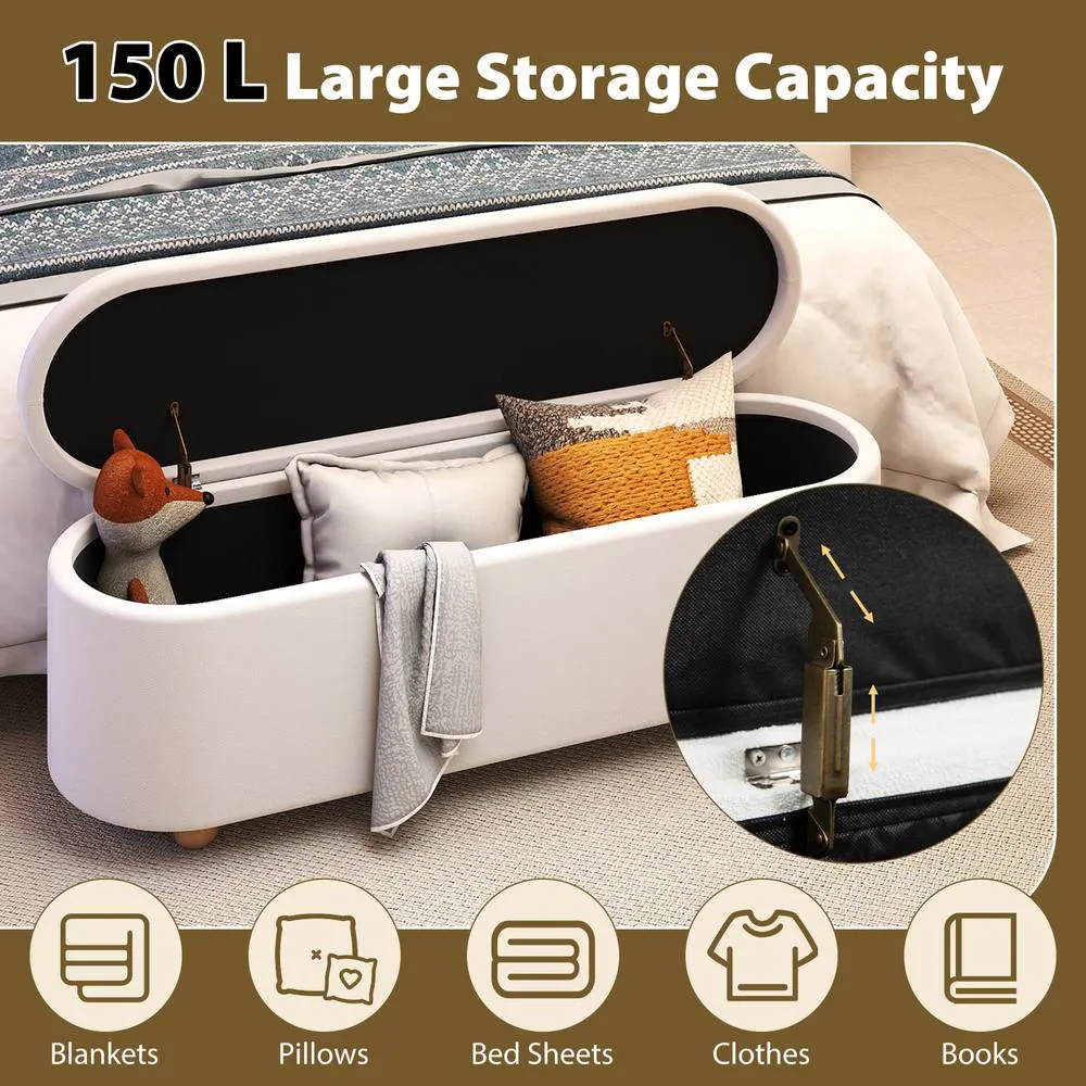 Costway Oval Storage Bench 139 CM Long Ottoman Bench with Flip Top in White 5