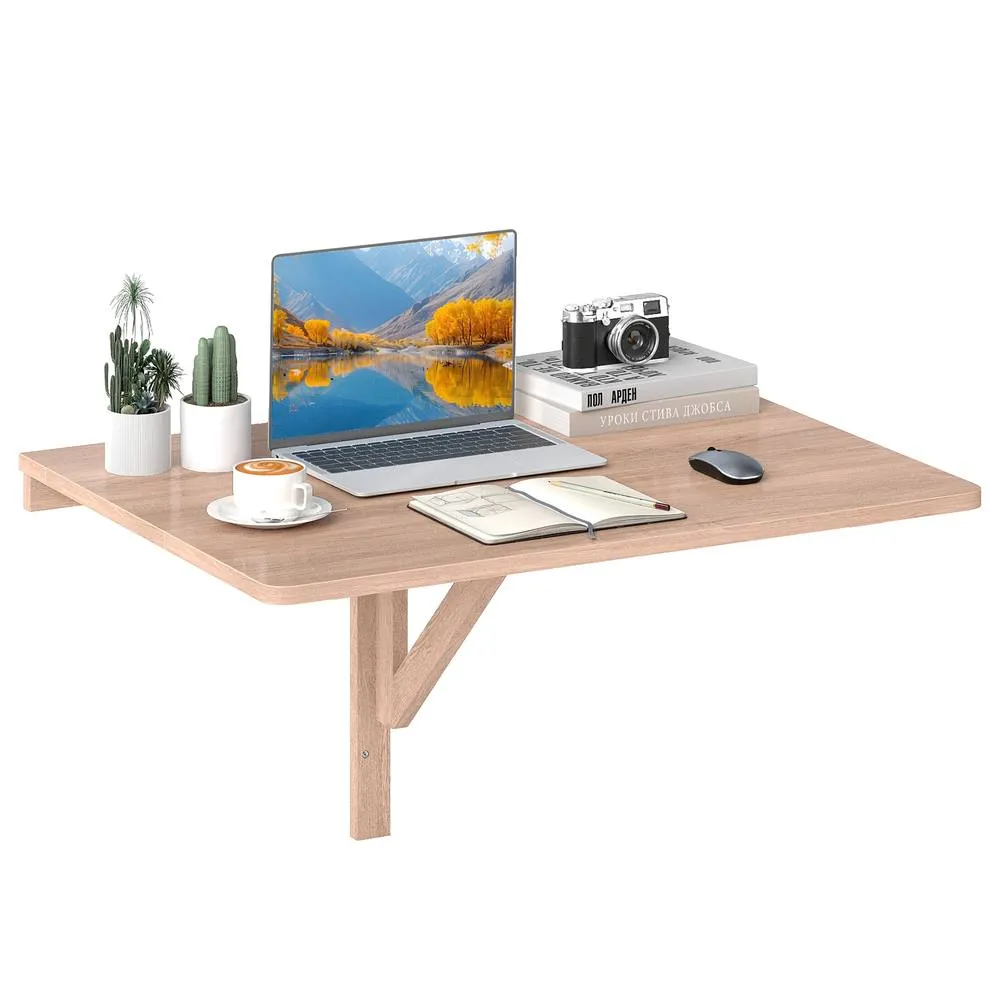 Costway Wall Mounted Wooden Folding Table 80x60cm Drop-Leaf Writing Desk in Natural 2