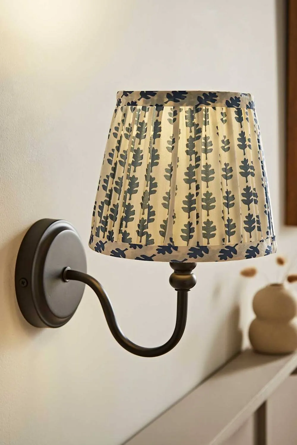 ValueLights Binky Pair of Rechargeable Black Wall Lights & Floral Pleated Shades in Mid Blue 2
