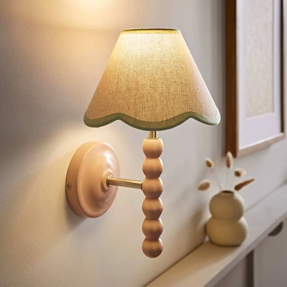 ValueLights Bobbins Pair Pink Bobble Wall Lights & Linen Pastel Trim Lamp Shades in Pale Green 3