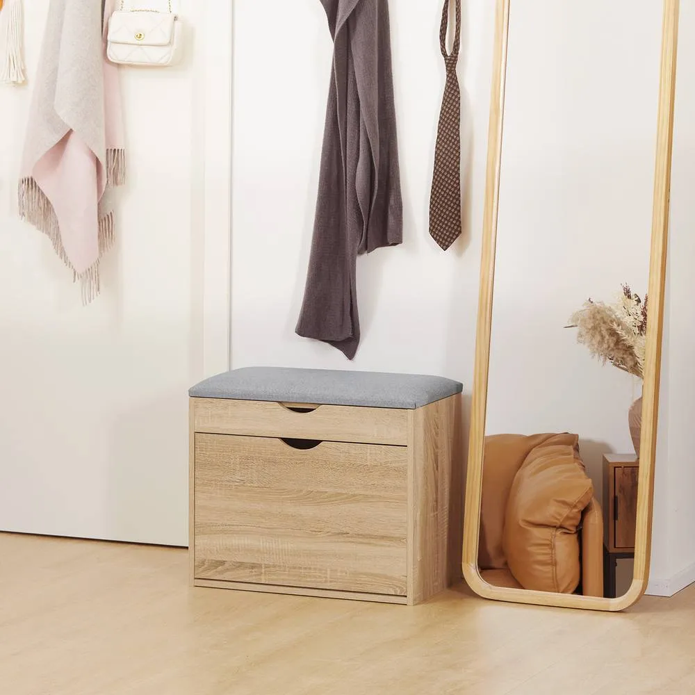 HOMCOM Upholstered Shoe Storage Bench with Flip-up Cabinet, Hidden Space in Natural 2
