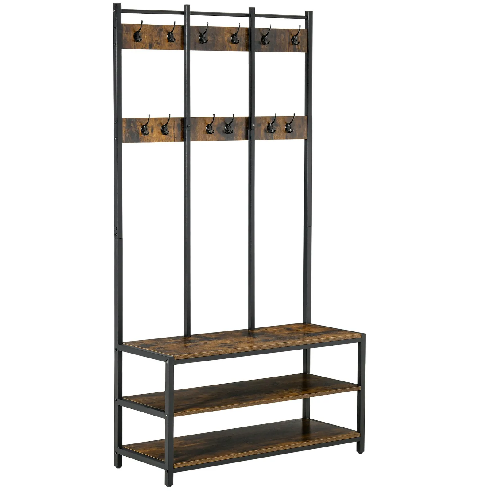 HOMCOM Industrial Coat Rack Shoe Bench Hall Tree Entryway Clothes Storage in Brown 2