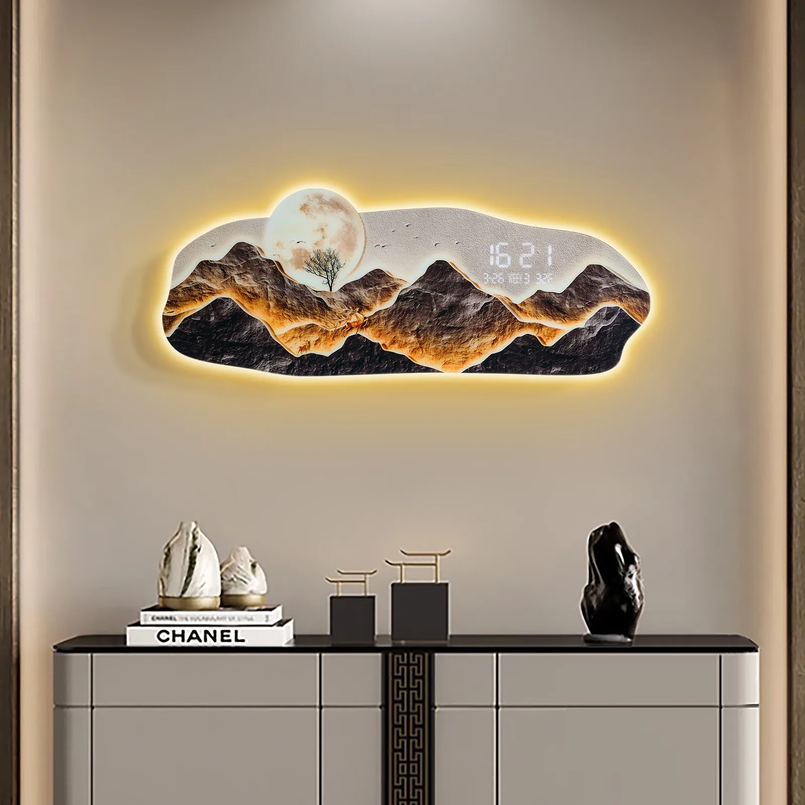 Modern LED Digital Wall Clock with Mountains and Moon Painting Decorative Wall Art