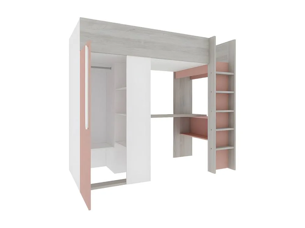 Vente-unique High Sleeper Bed 90 X 200 Cm With Wardrobe & Desk - Pink & White 6