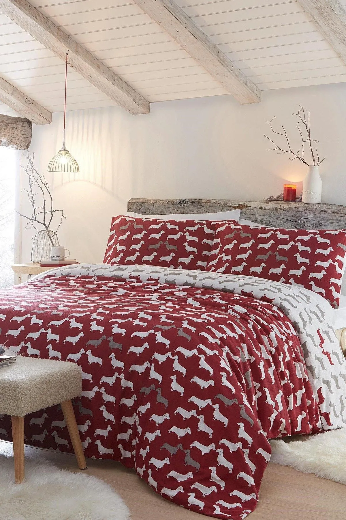 Fusion 'Dudley Dog Love' 100% Brushed Cotton Duvet Cover Set in Red