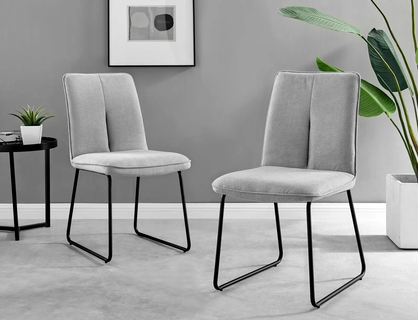 FurnitureboxUK Set of 2 Modern Chic Deep Padded Soft & Durable Stitched Fabric & Black Powder Coated Metal Leg Dining Chairs in Light Grey 3