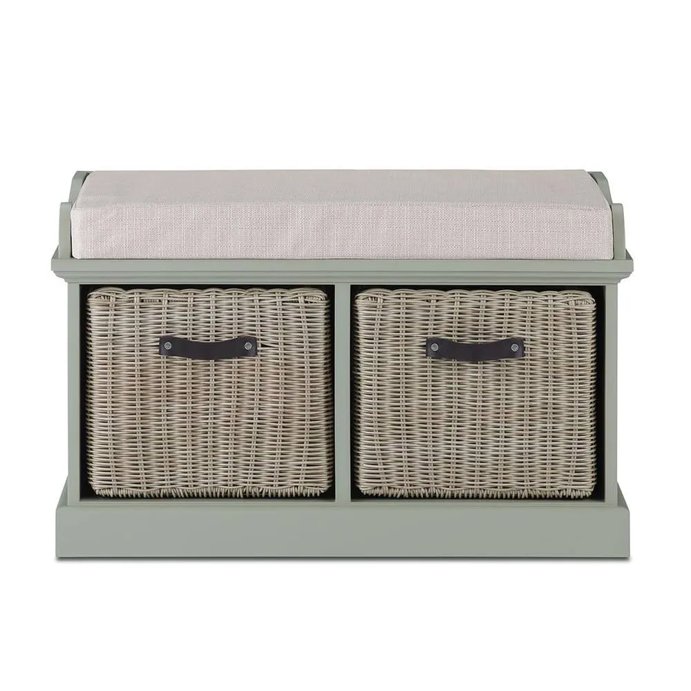 Statement Furniture Tetbury Bench with 2 Brown Faux Rattan Baskets & Cream Cushion in Light Green 5