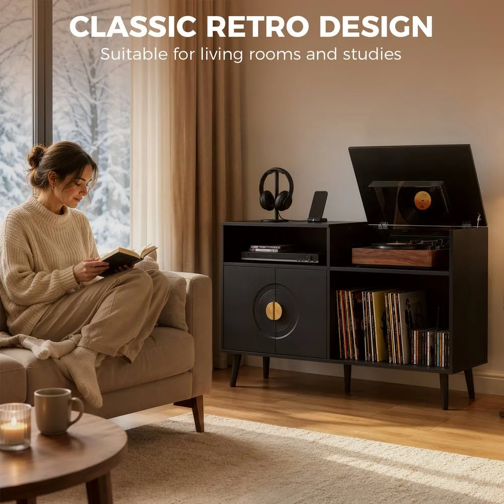 HOMCOM Record Player Stand Holds Up to 300 Albums with Cable Hole in Black 5