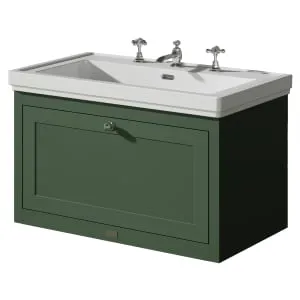 Bayswater Hartleigh Hunter Green Traditional Wall Hung Vanity Unit & 3 Tap Hole Traditional Recessed Basin - 800mm 2
