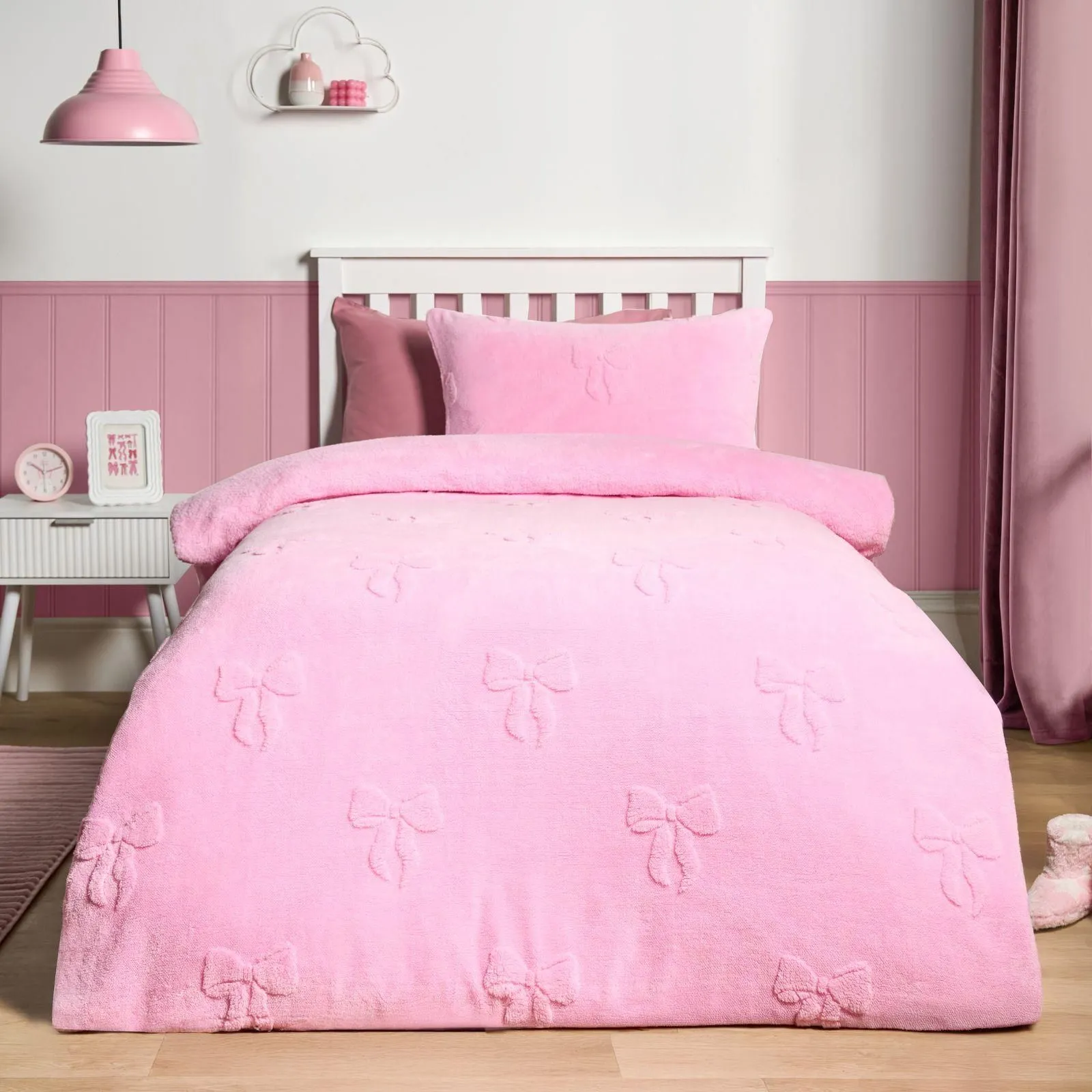 OHS Bows Tufted Teddy Fleece Super Soft Duvet Set with Pillowcase in Pink