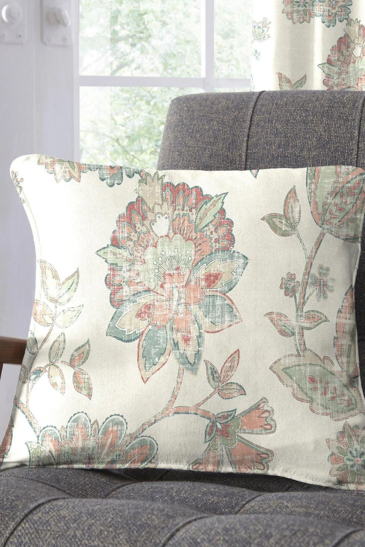 Dreams & Drapes 'Indira' Rich Heritage Floral Print Filled Cushion in Coral