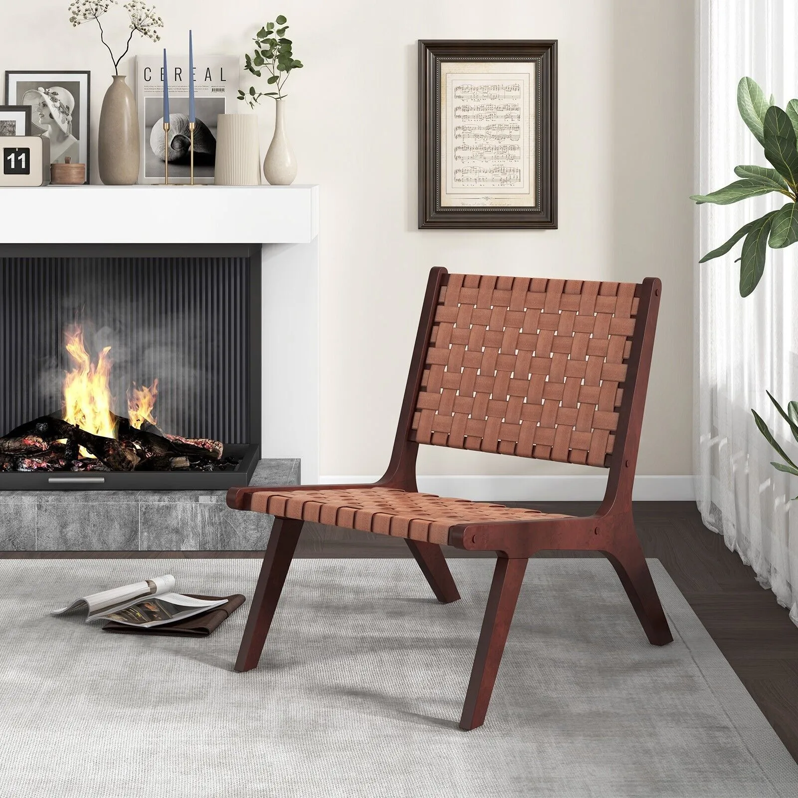 Costway Set of 2 Modern Woven Leather Accent Chair Living Room Lounge Chair W/ Wood Frame in Brown 6