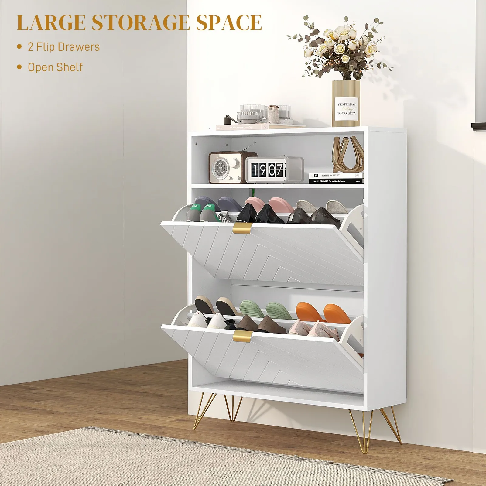 HOMCOM Slim Shoe Cabinet with 2 Flip Drawers Adjustable Shelves & Shelf in White 4