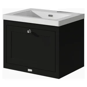 Bayswater Hartleigh Matt Black Traditional Wall Hung Vanity Unit & 1 Tap Hole Modern Recessed Basin - 600mm 2