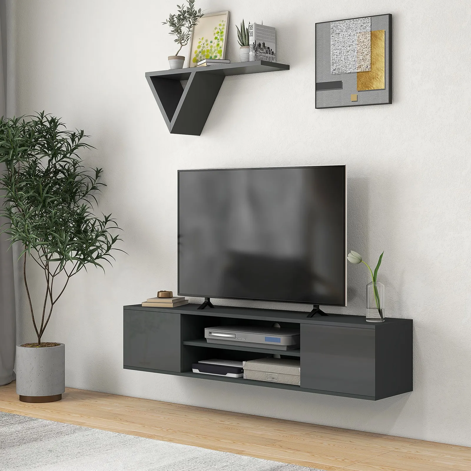 HOMCOM Floating TV Stand Cabinet for 60" TVs W/ Shelves & Cabinets in Grey 2