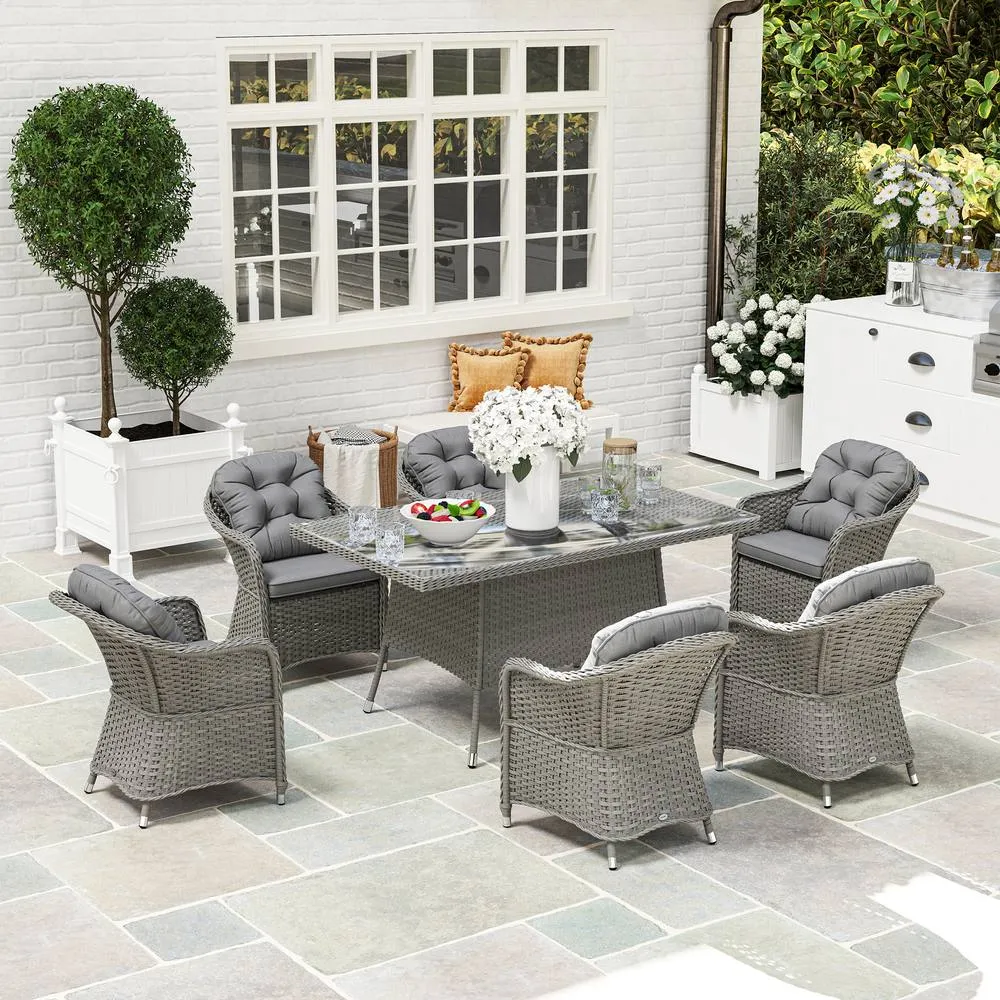 OUTSUNNY PE Rattan Garden Dining Set for 6 with Seat & Back Cushions in Light Grey