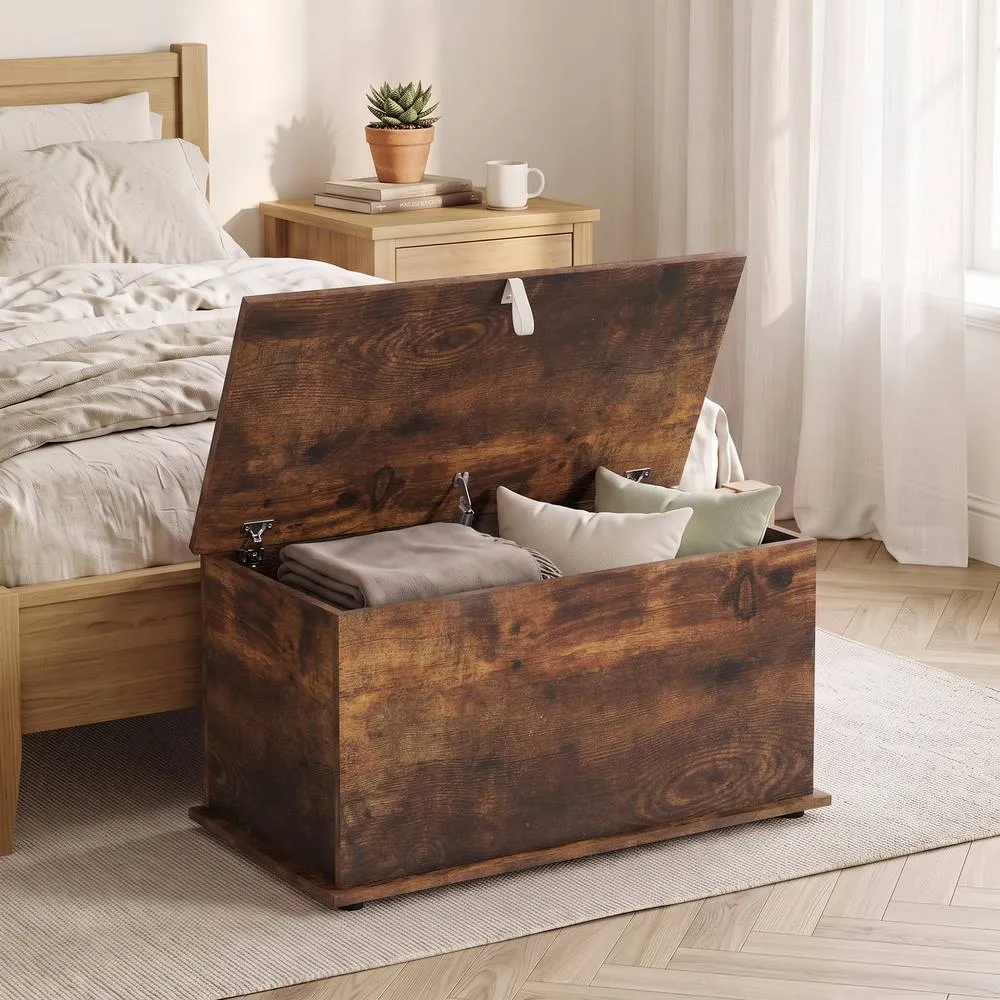HOMCOM Storage Chest with Safety Hinged Lid, 102L Storage Box, Rustic Brown 2
