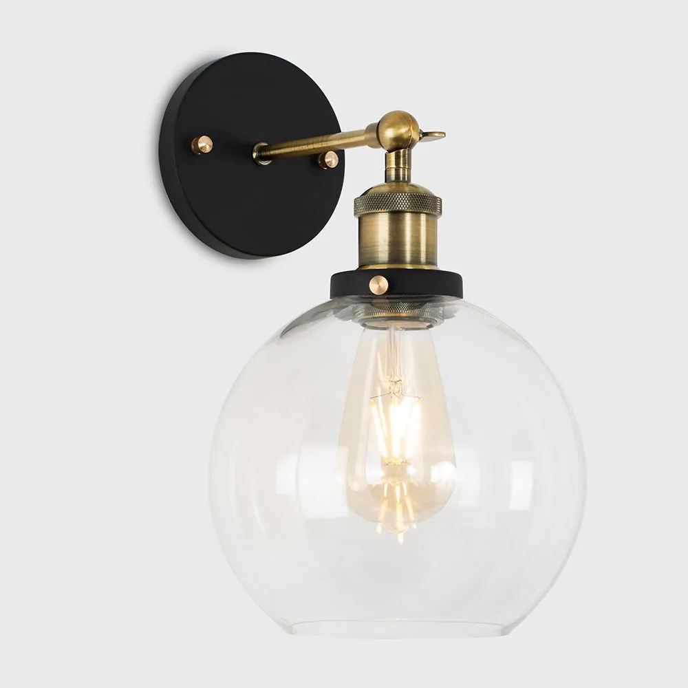 ValueLights Sheridan Pair of Industrial Clear Glass Bowl Gold Trim Black Wall Lights & LED Bulbs