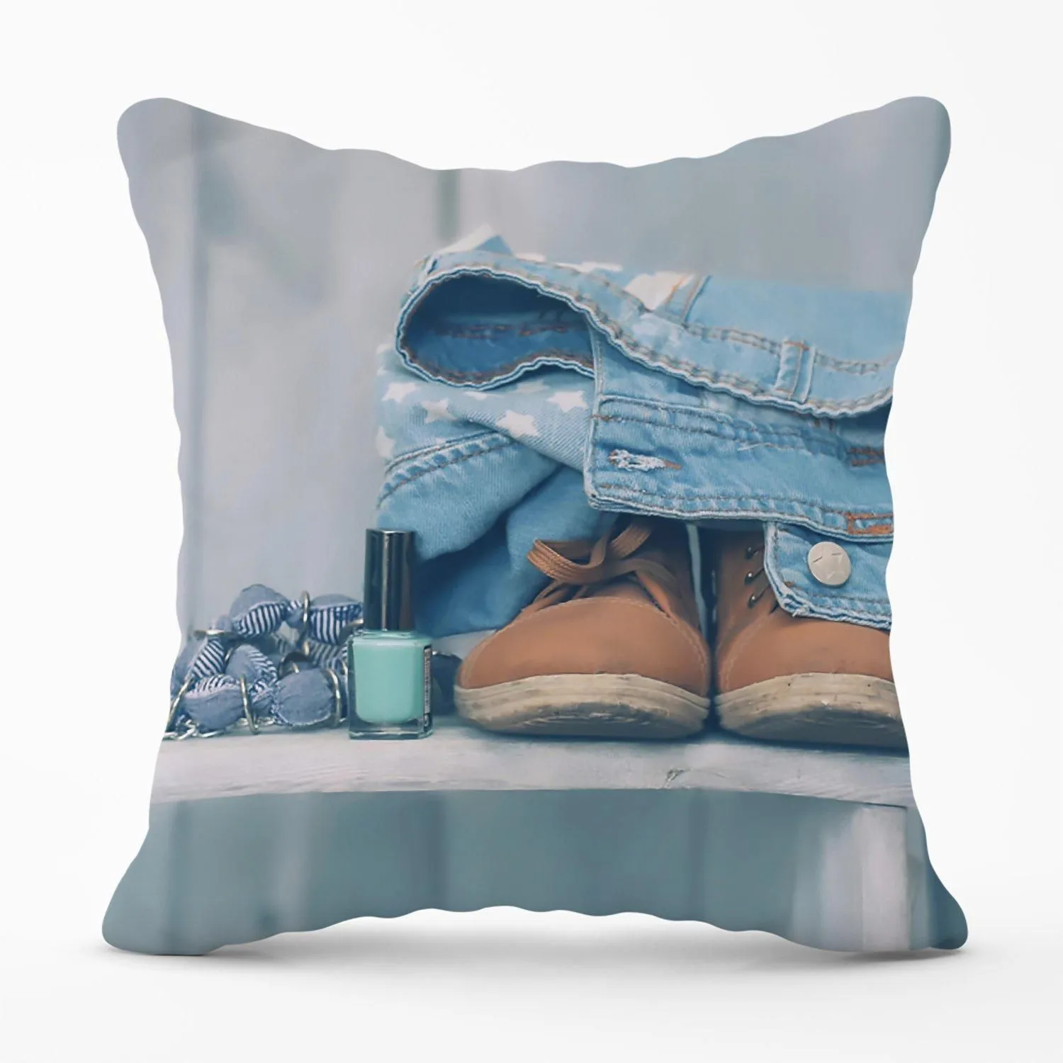 Warren Reed - Designer Shoes On The Bench Outdoor Cushion in Blue