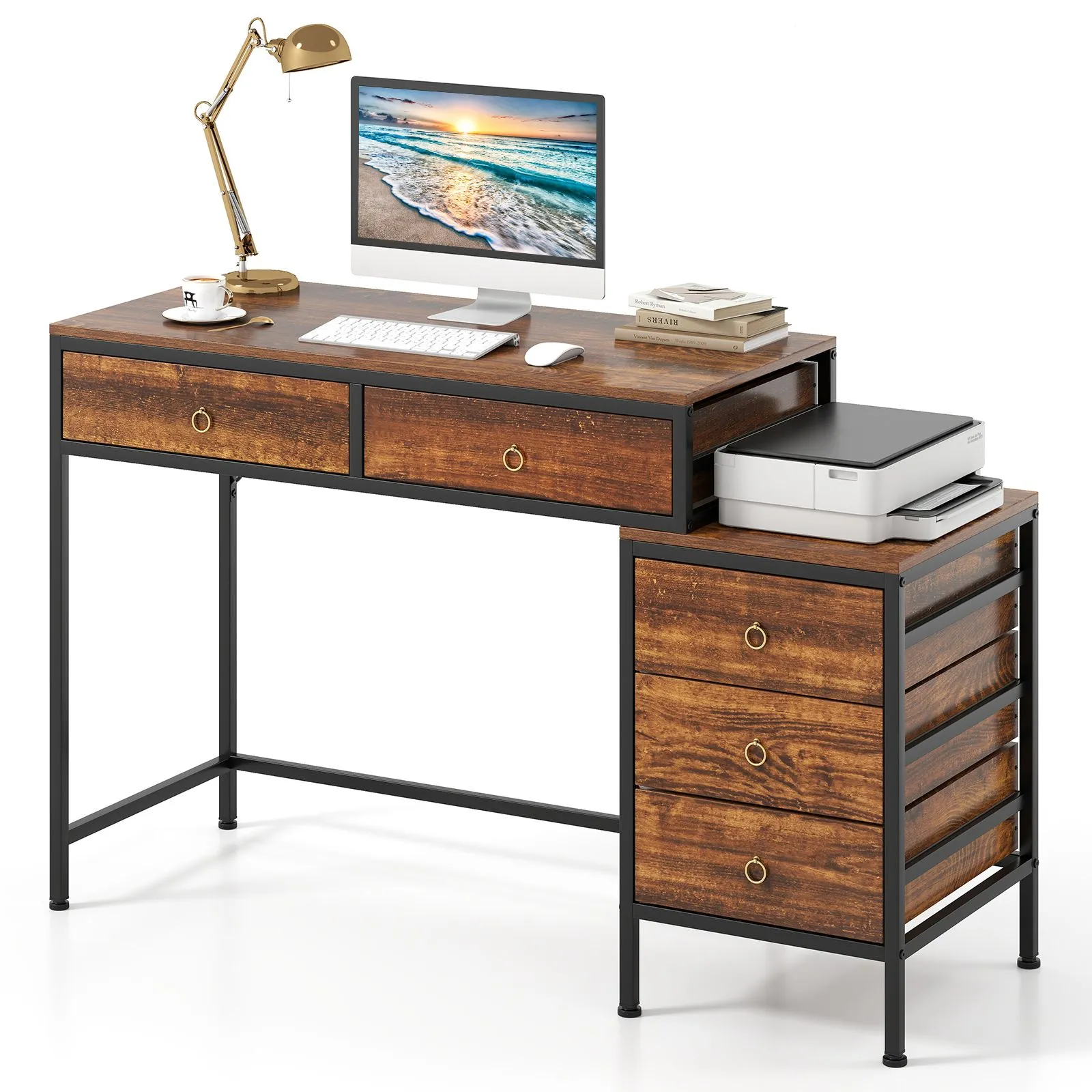 Costway Computer Desk Home Office Desk w/ Side File Cabinet & 5 Drawers in Brown 1