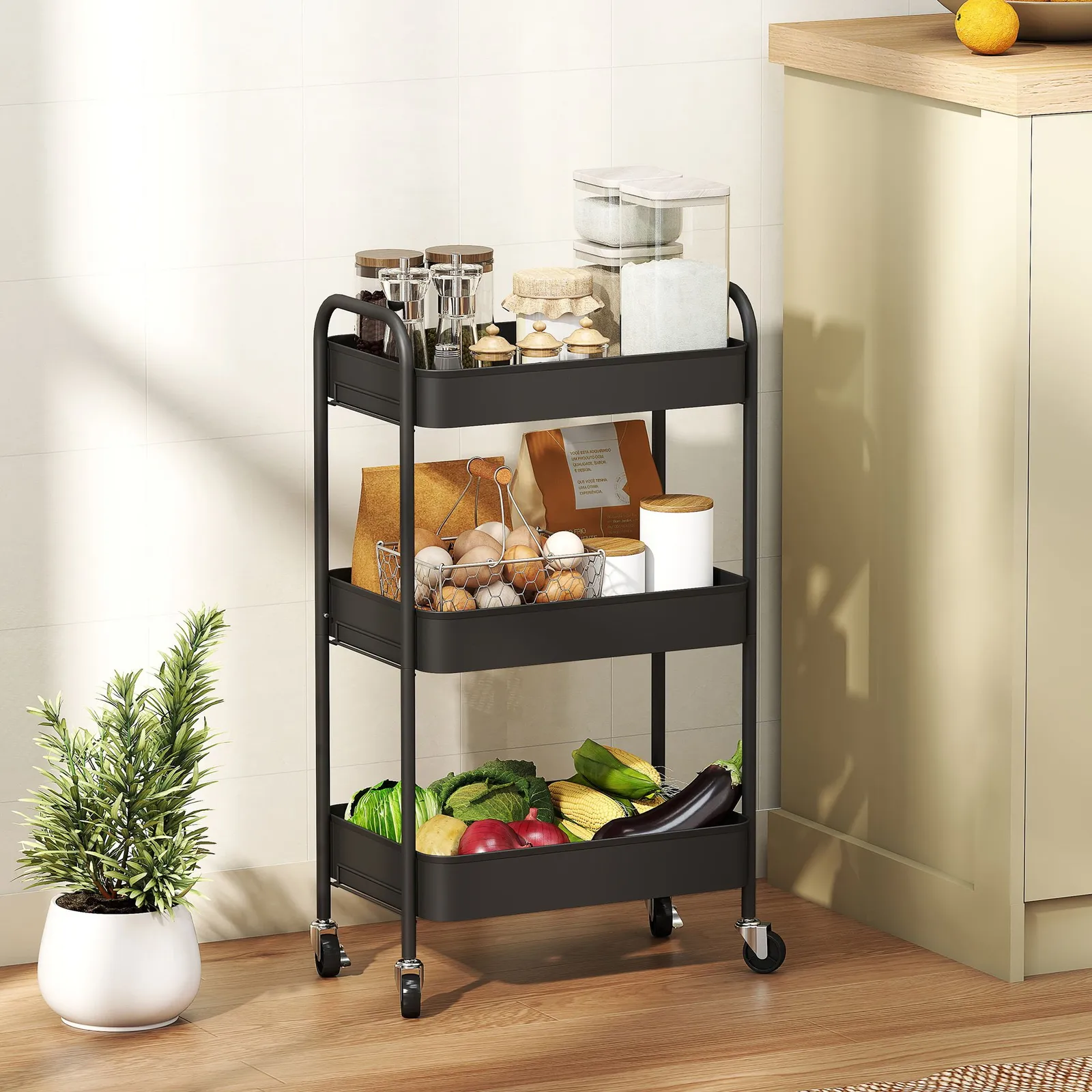 HOMCOM 3 Tier Rolling Utility Cart with 3 Mesh Basket in Black