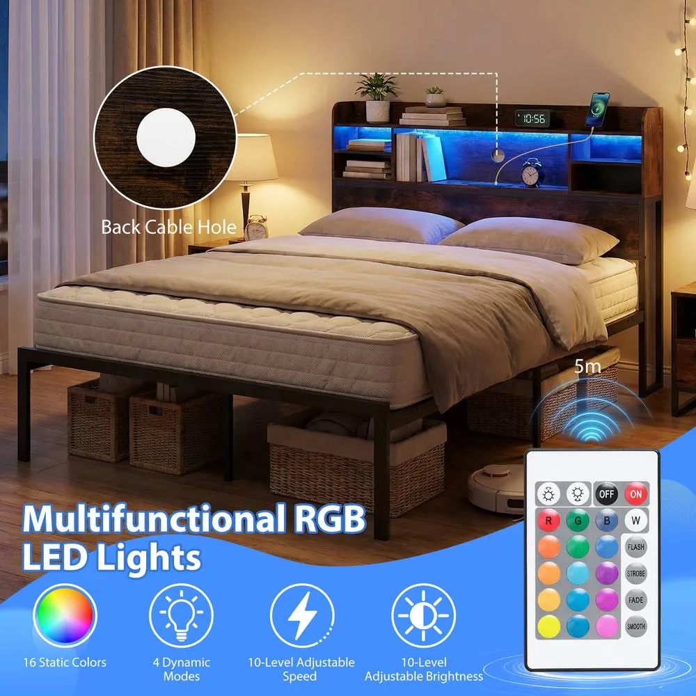 Costway King Size Bed Frame w/LED Lights&Charging Station Metal Platform Bed in Brown 5