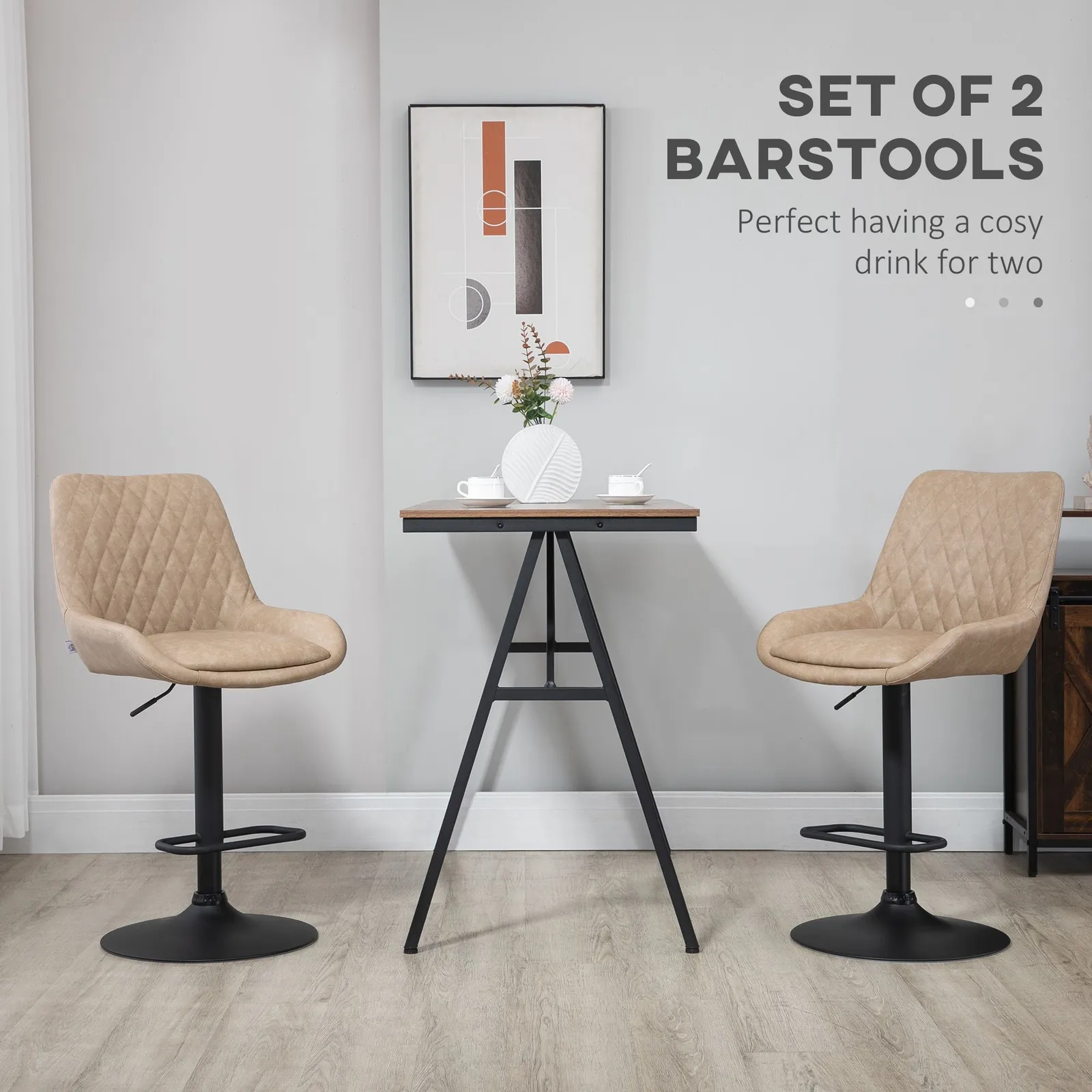 HOMCOM PU Leather Padded Bar Stools Set of 2 with Metal Base in Khaki 4