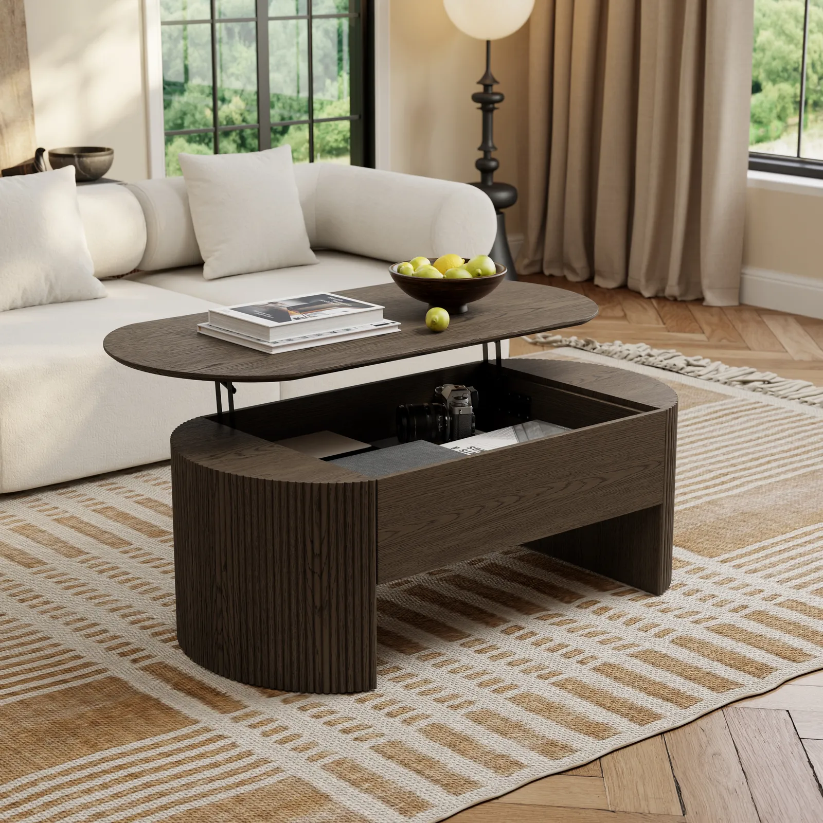 47" Oval Lift Top Mid-Century Modern Coffee Table