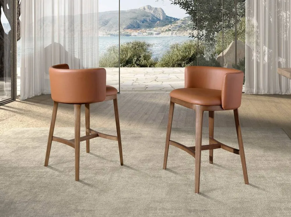 Angel Cerda Brown Leatherette Kitchen Stool, Walnut-Veneered Legs 3