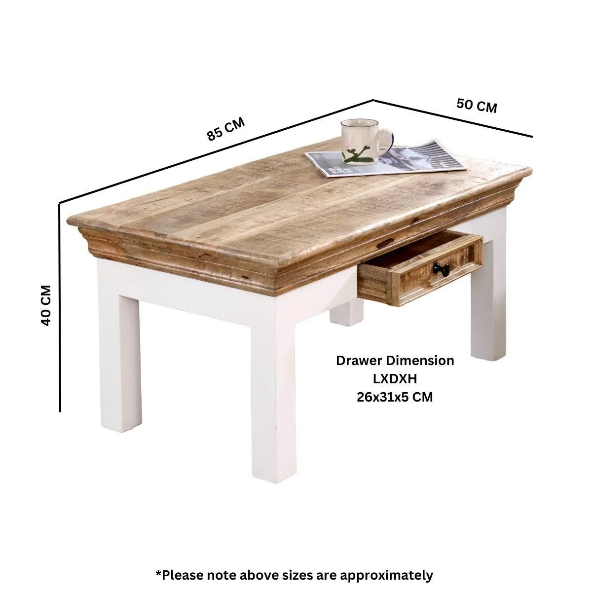 IH Design Curley Solid Mango Wood White Coffee Table With Drawer 6