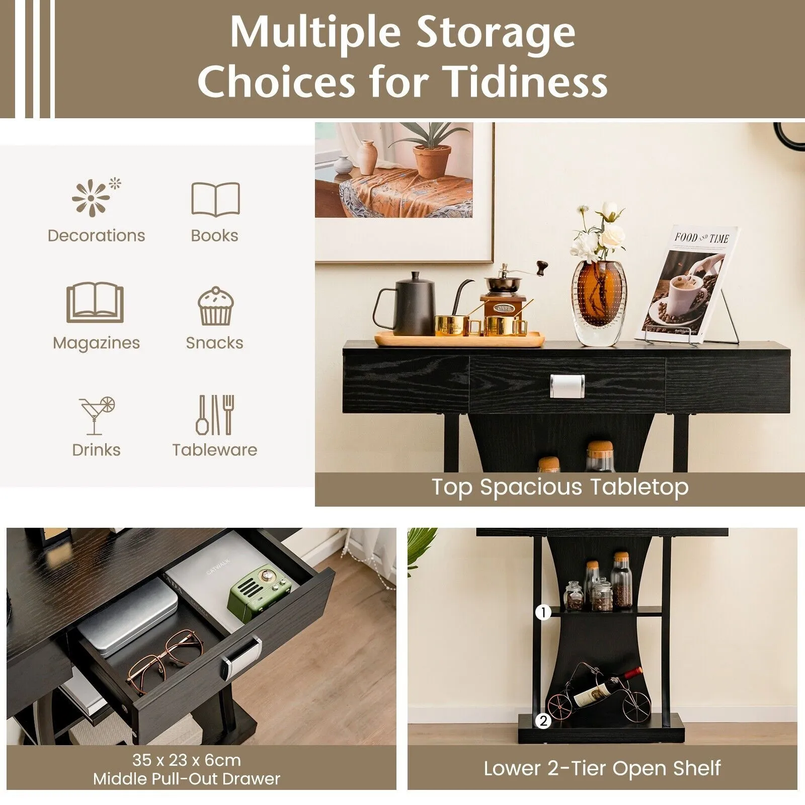 Costway T-Shaped Industrial Console Table Narrow Sofa Side Table Entryway Display Shlves in Black 5