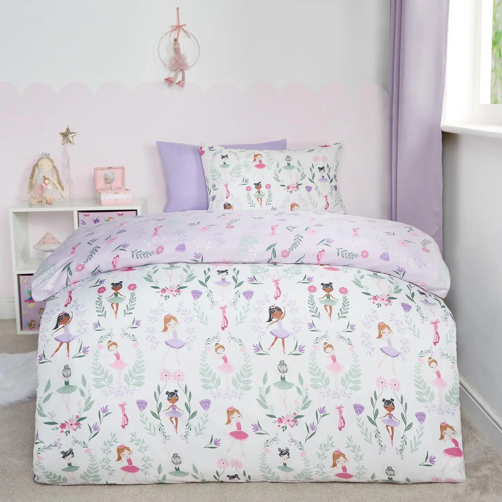 OHS Reversible Duvet Cover Set Ballerina Quilt Pillowcases Bedding in White