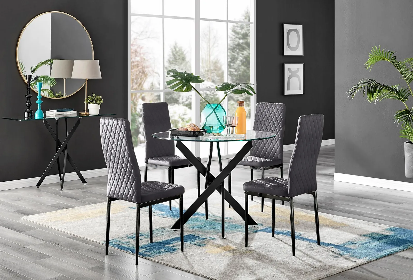 FurnitureboxUK Novara 4 Seater Black Leg Round Glass Dining Table & 4 Milan Soft Velvet Black Leg Chairs in Grey