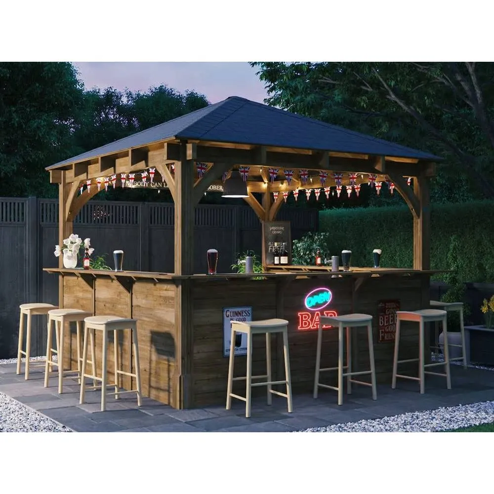 Dunster House Garden Bar 3x3m Wooden Outdoor Pub Shed Kiosk Counter, Leviathan in Brown 3