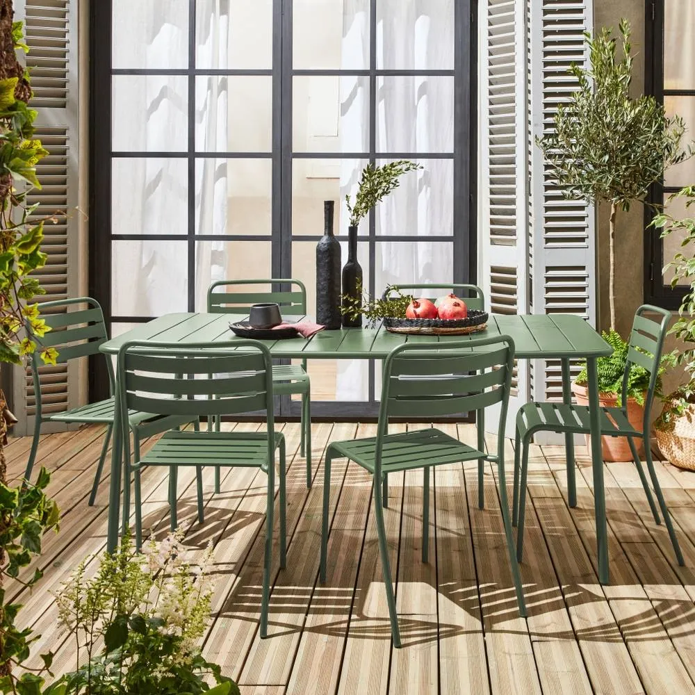 sweeek 6-8 seater rectangular steel garden table set with 6 chairs in Green