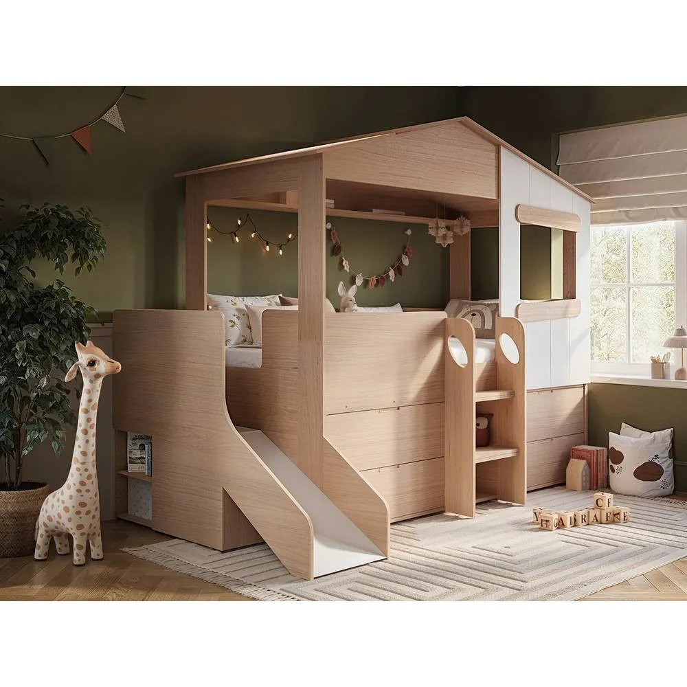 Flair Dreamland House Midsleeper with Slide & Storage in Brown 1