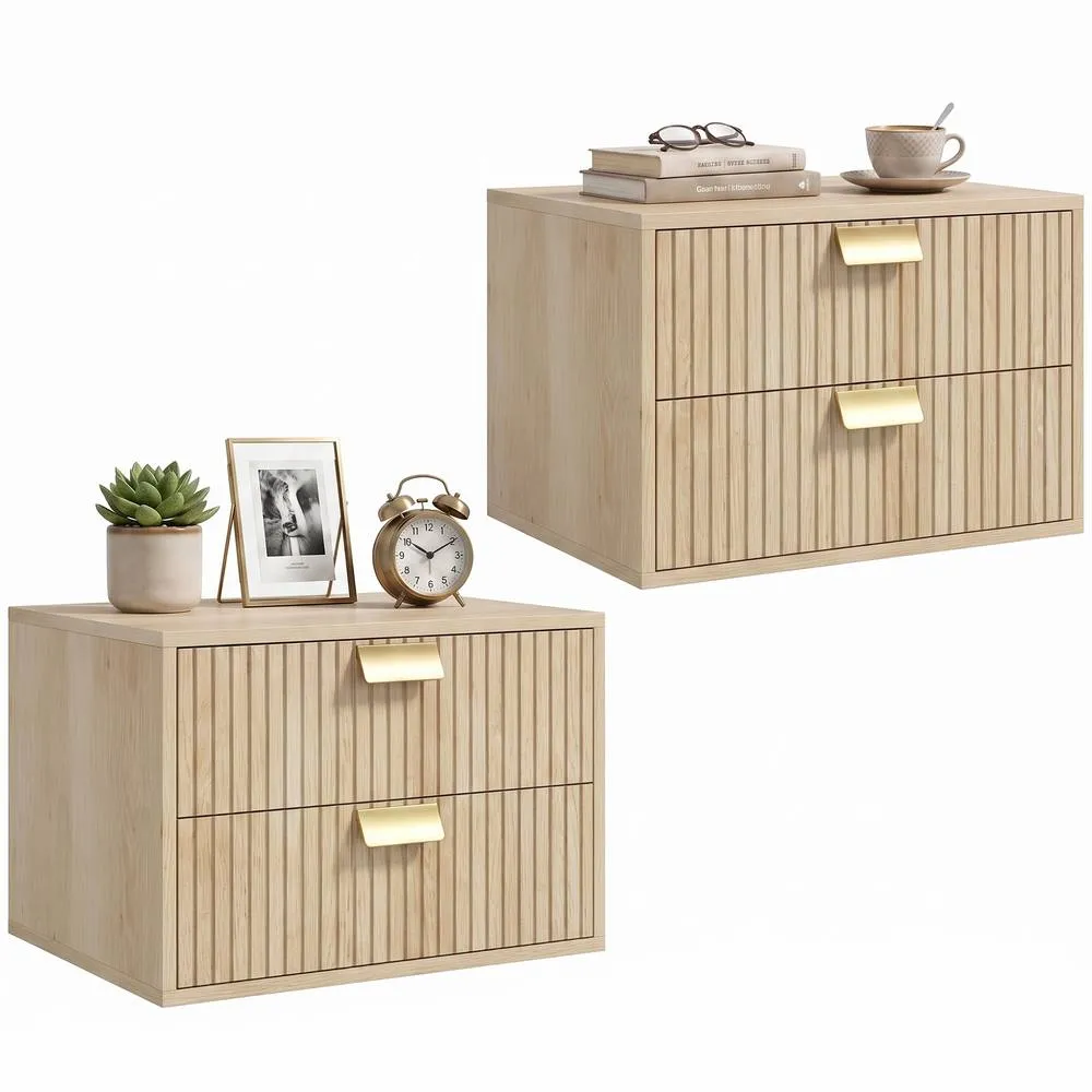 HOMCOM 2pcs Modern Floating Nightstands, 2 Drawers Bedside Tables, Oak in Natural