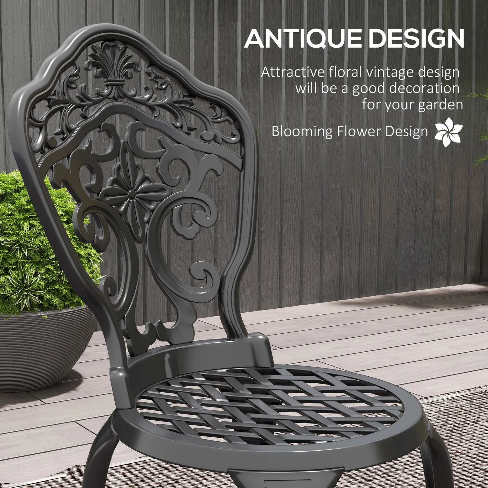 OUTSUNNY 3 Piece Cast Aluminium Bistro Set with Parasol Hole for Balcony, Patio in Black 4
