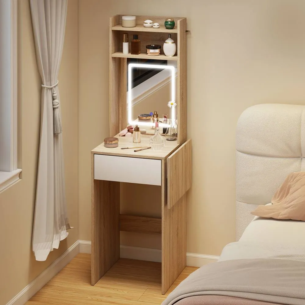 HOMCOM Compact Dressing Table with Lighted Mirror Open Shelves Drawer in Natural 1