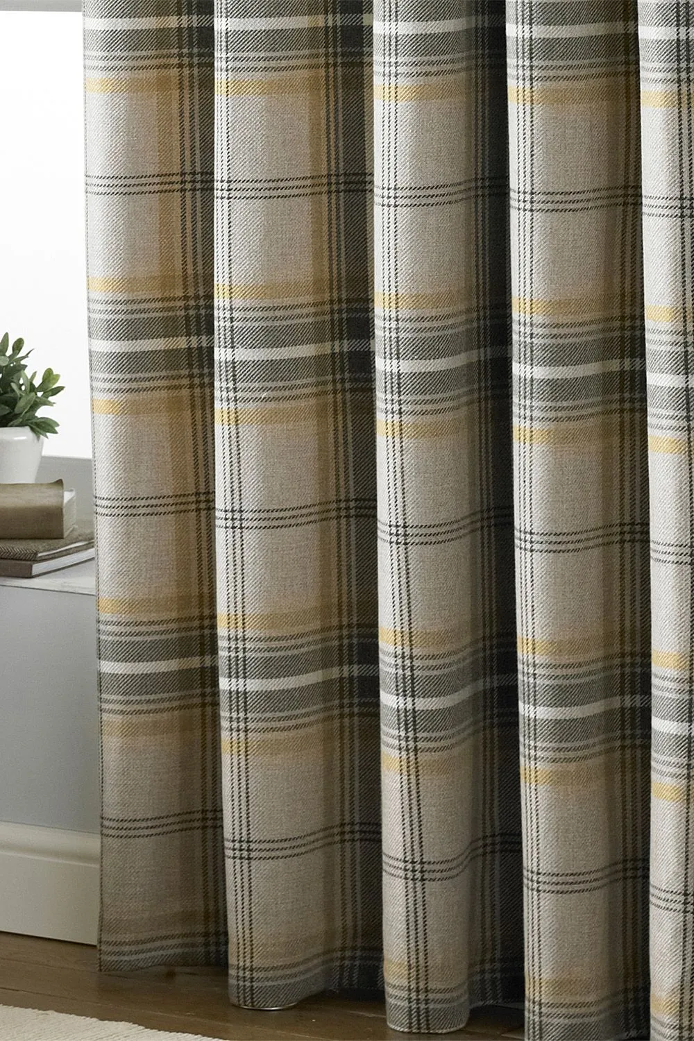 Paoletti Aviemore Tartan Faux Wool Eyelet Curtains in Yellow 3