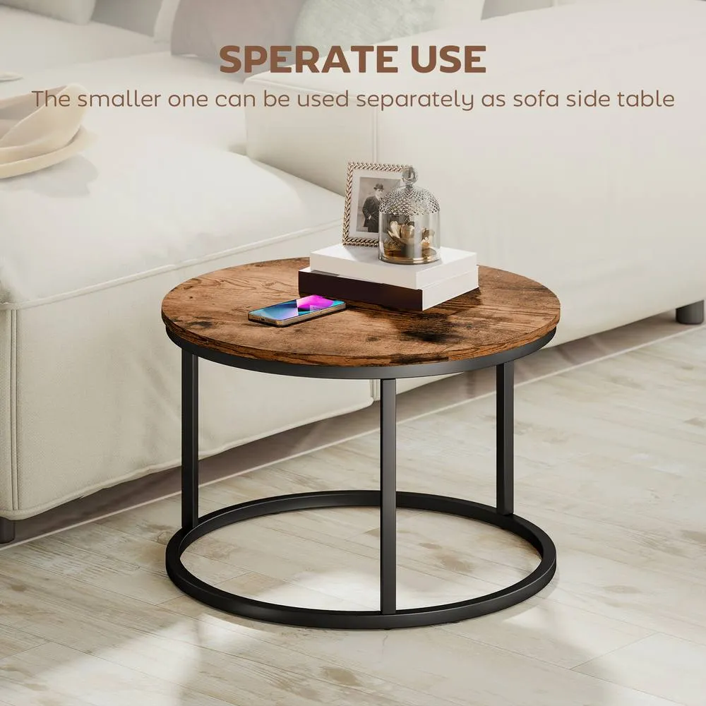 HOMCOM Marble Coffee Table Set of 2, Round Nest of Tables, Rustic Brown 6