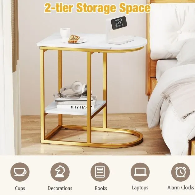 Costway C-shaped End Table Modern Sofa Side Table with Storage Shelf in White 6