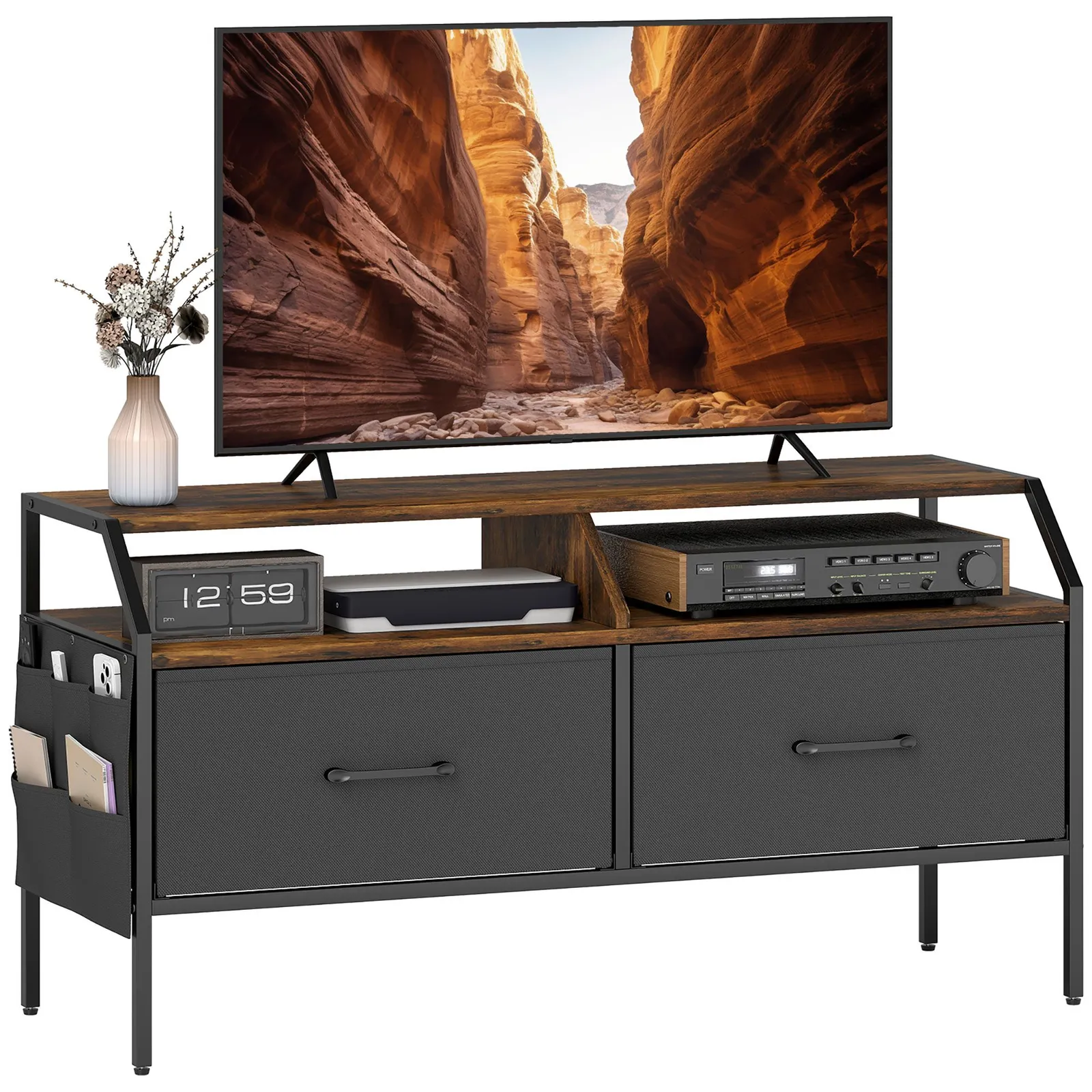 HOMCOM TV Stand Cabinet with 2 Foldable Drawers, Rustic Brown 2